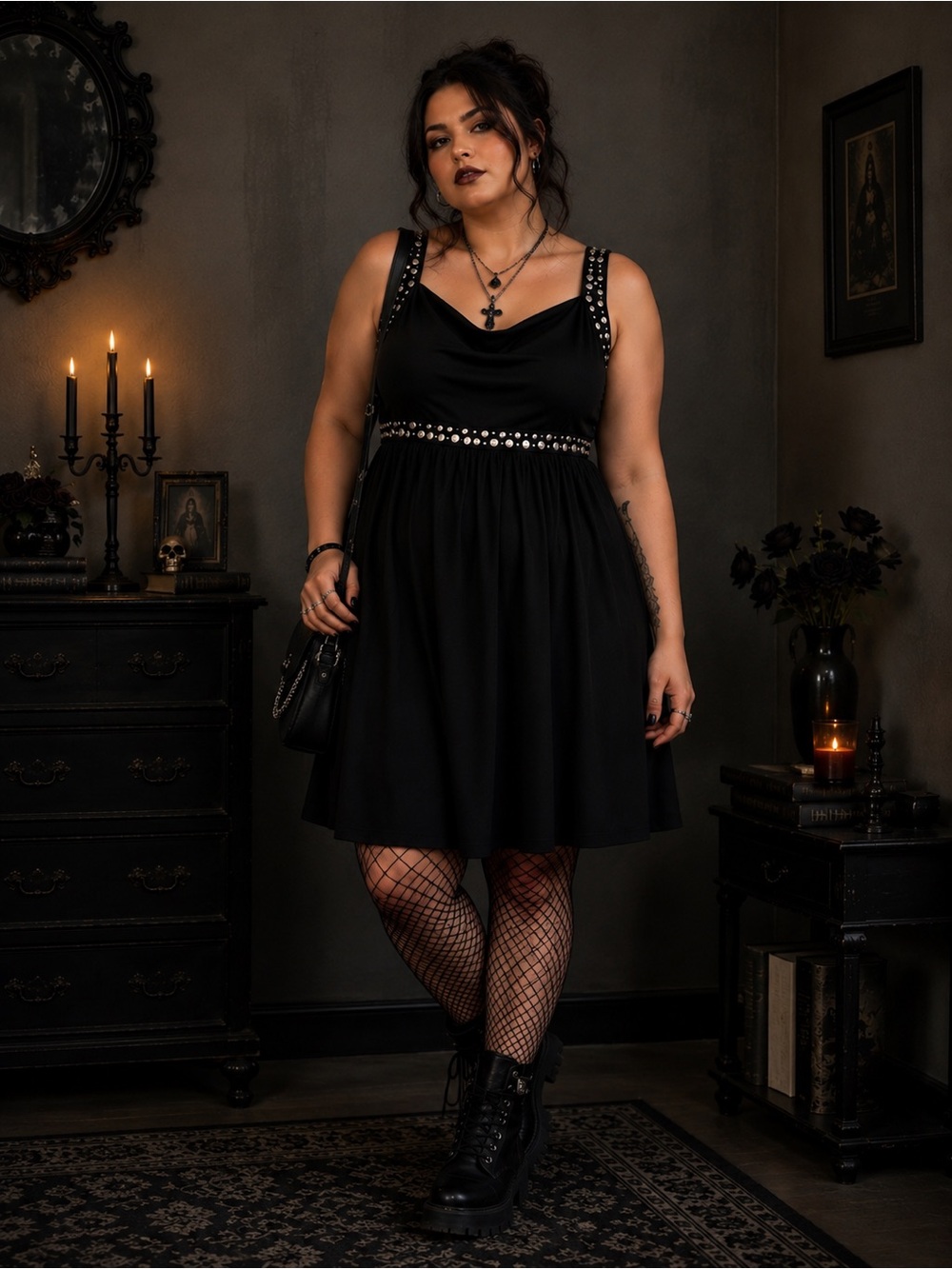 Y2K Babydoll Black Sleeveless Goth Cocktail Dress w/Silver gold details Sz 18